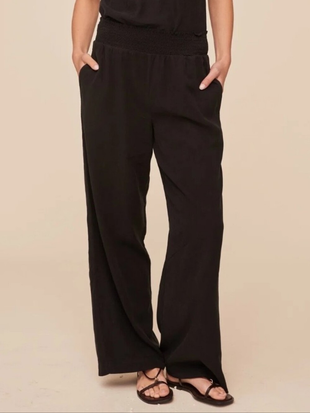 Bella Dahl Smocked Waist Wide-Leg Minimalist Vintage Black Pull-On Pants Size L